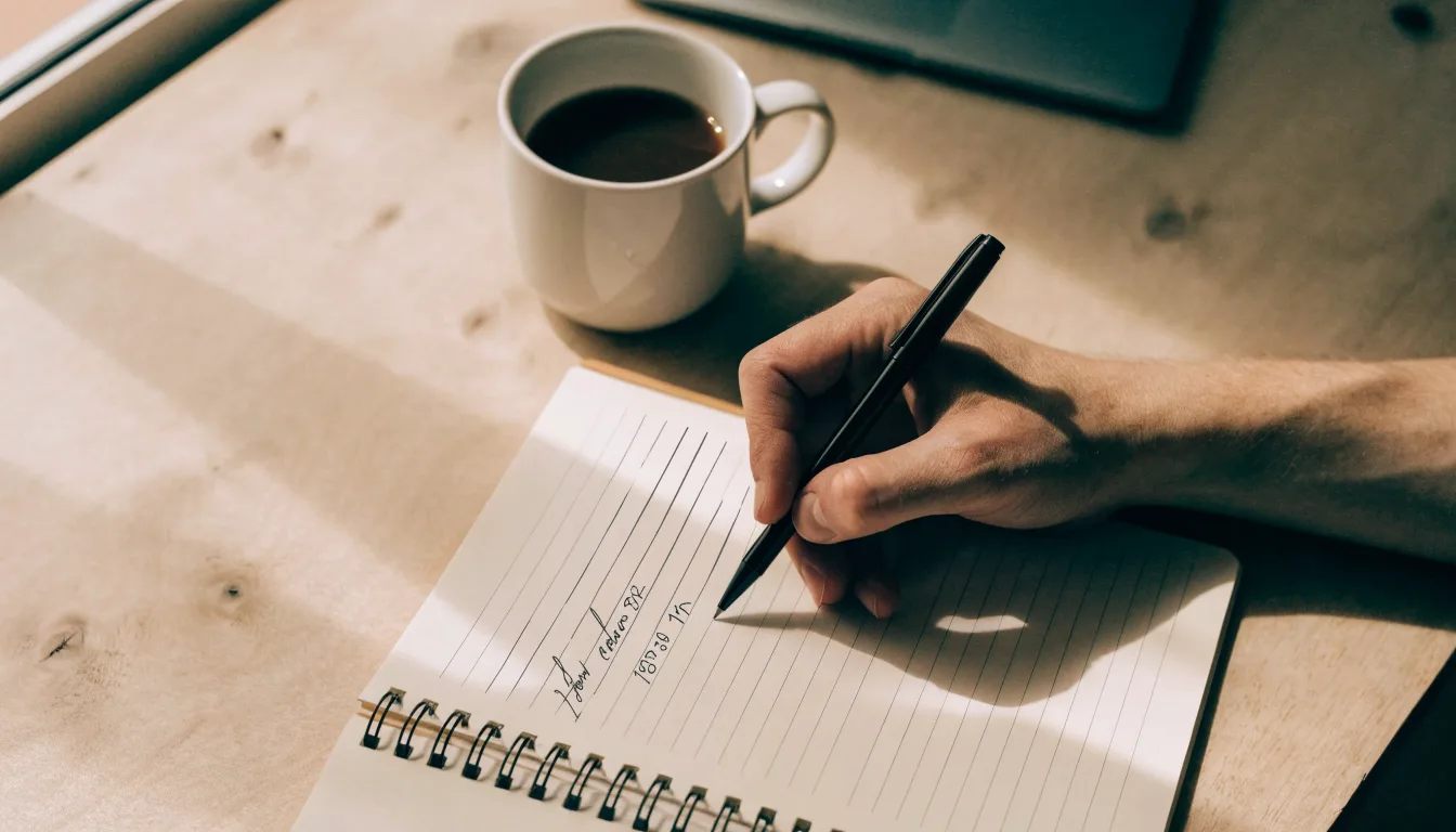 Ein aufgeschlagenes Notizbuch mit handschriftlichen Notizen und ein Kugelschreiber liegen auf einem hellen Schreibtisch neben einer Kaffeetasse.