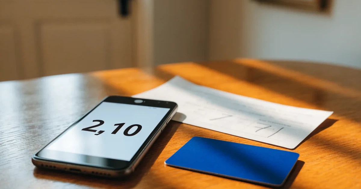 Ein Smartphone liegt mit dem Display nach unten auf einem Holztisch, daneben ein paar Euro-Münzen und eine unbeschriftete Plastikkarte im Morgenlicht.