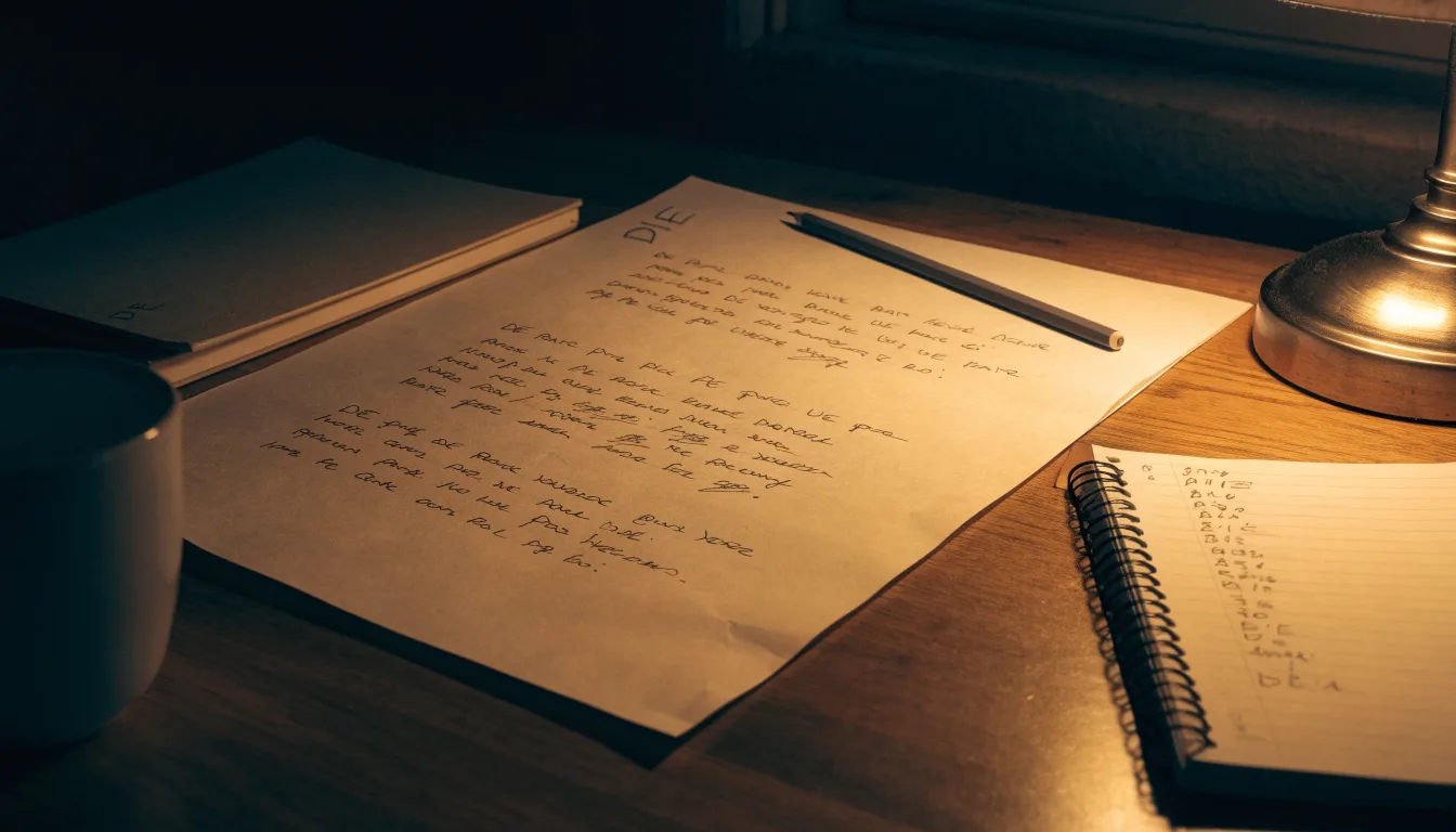 Ein Taschenrechner und ein Blatt Papier mit handschriftlichen Notizen liegen auf einem Schreibtisch unter dem warmen Licht einer Lampe.