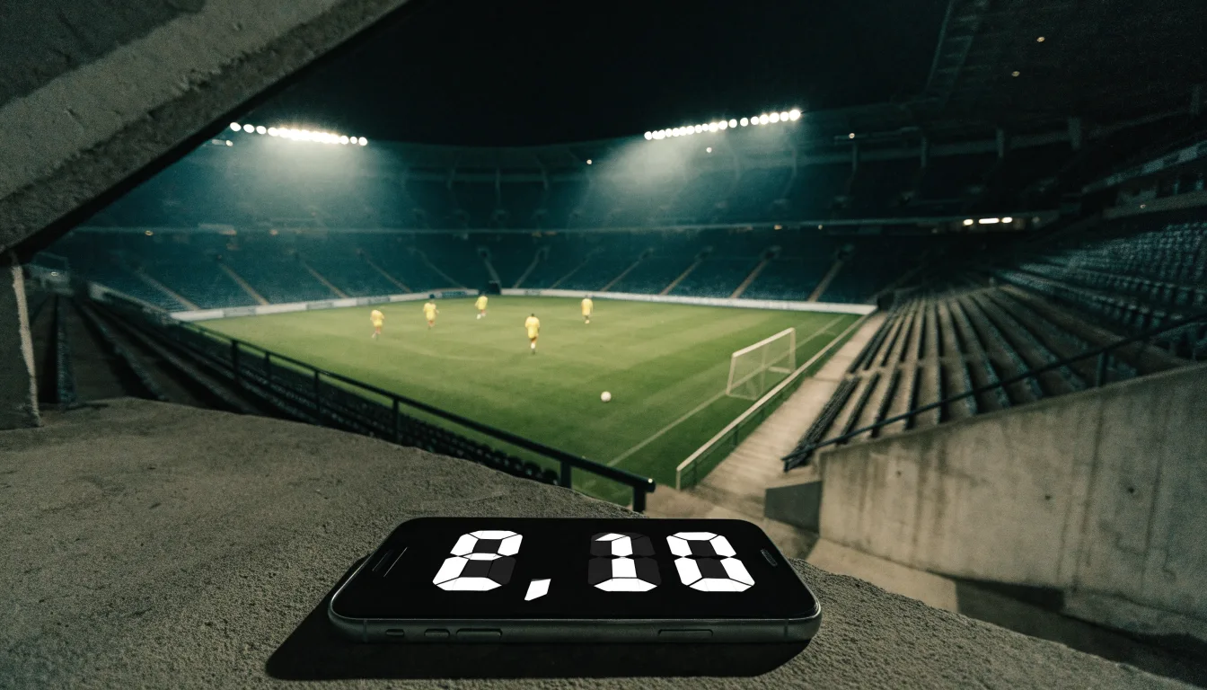 Ein Stadion unter Flutlicht bei Nacht, von einem Hügel aus der Ferne betrachtet, mit Dunst über dem Spielfeld.