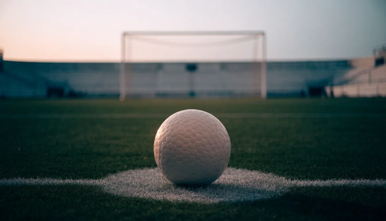 Ein Fußball liegt auf dem Elfmeterpunkt eines leeren Rasenplatzes, im Hintergrund eine Tribüne im Dunst.