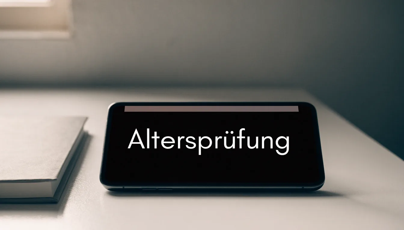 Eine Waage aus Messing und ein geschlossener Aktenordner ohne Beschriftung stehen auf einem polierten Schreibtisch vor einem Fenster.