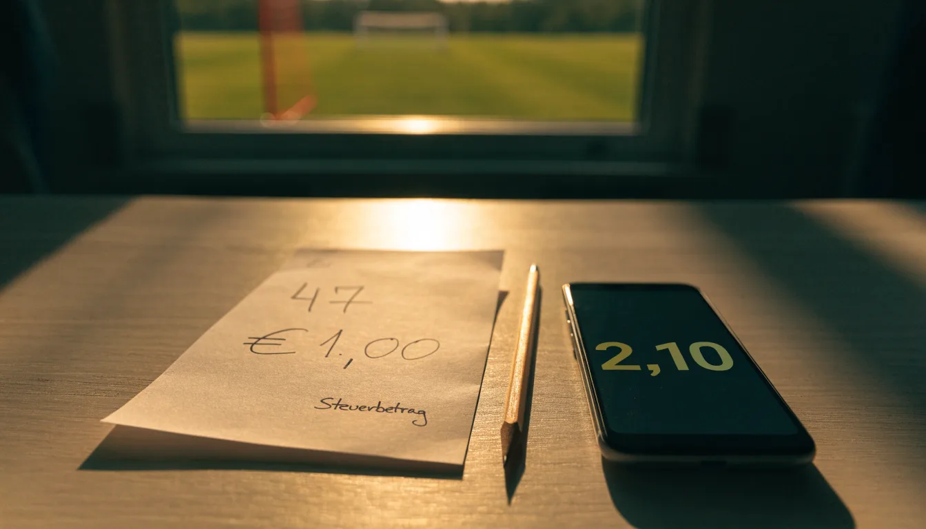 Ein Fußballtor mit Netz bei Sonnenuntergang auf einem leeren Platz, die Schatten der Torpfosten liegen lang auf dem Gras.
