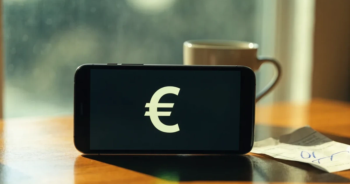 Zwei Euro-Scheine und ein Smartphone liegen auf einem Holztisch neben einer Tasse, im Hintergrund ein unscharfes Fenster.