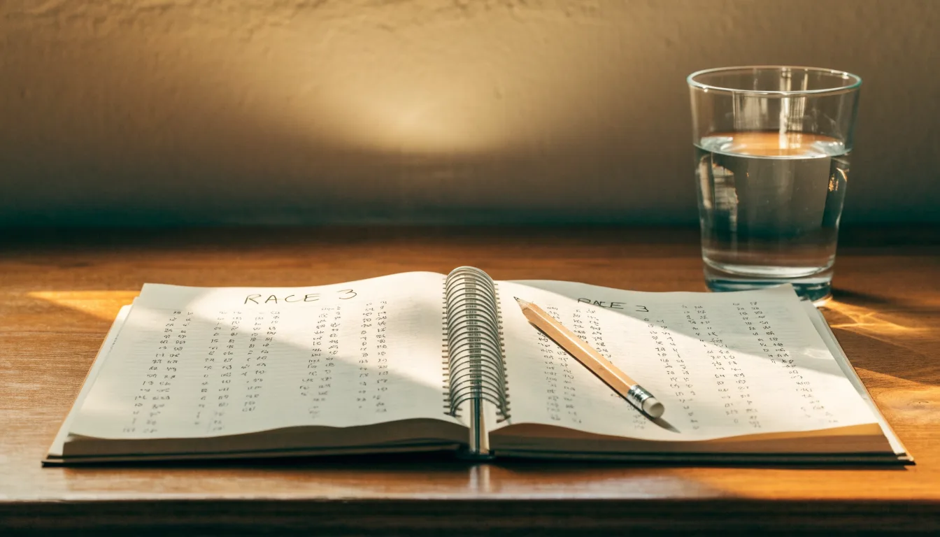 Ein aufgeschlagenes Heft mit handschriftlichen Notizen und ein Bleistift liegen auf einem Schreibtisch, daneben ein Glas Wasser.