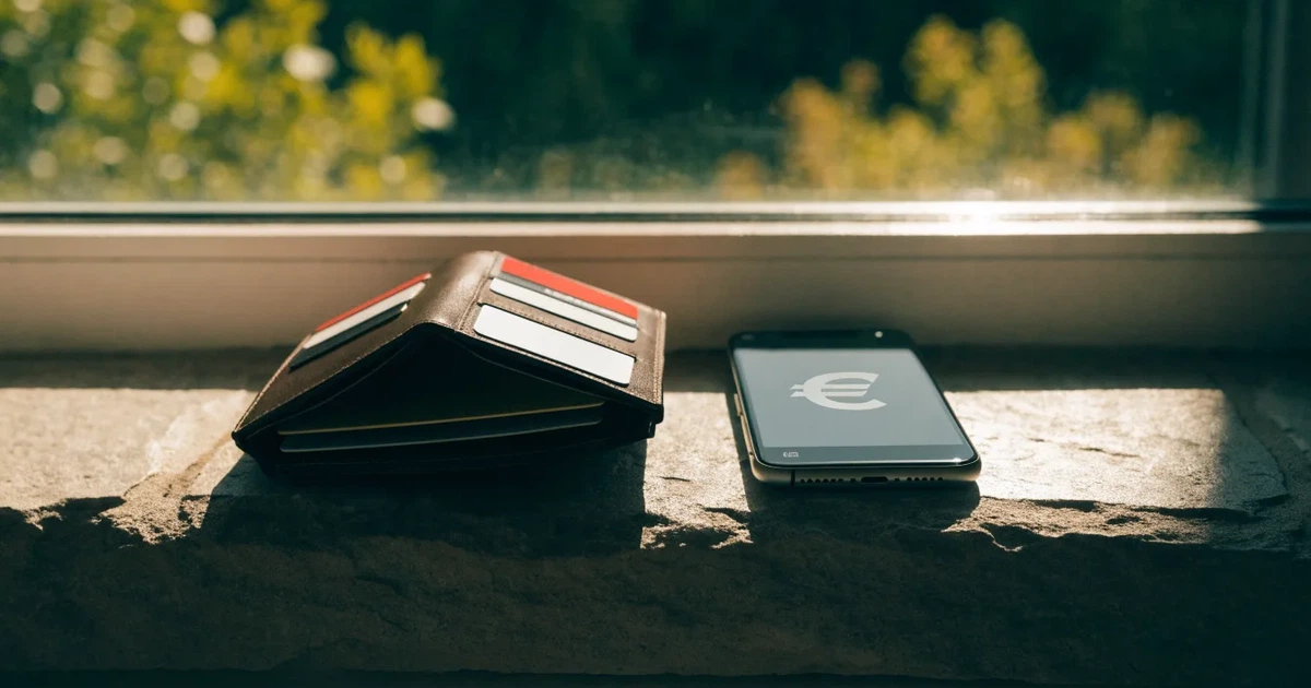 Eine Geldbörse aus Leder liegt geöffnet neben einem Smartphone auf einer Fensterbank, im Hintergrund ein Garten im Gegenlicht.
