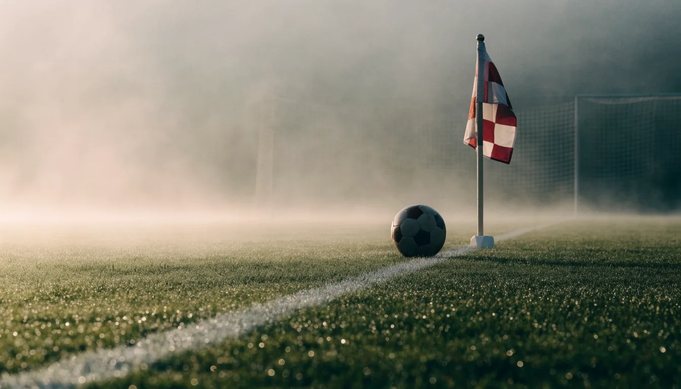 Der Rand eines Spielfelds mit weißer Linie und Eckfahne bei Nebel am frühen Morgen, ohne Menschen.
