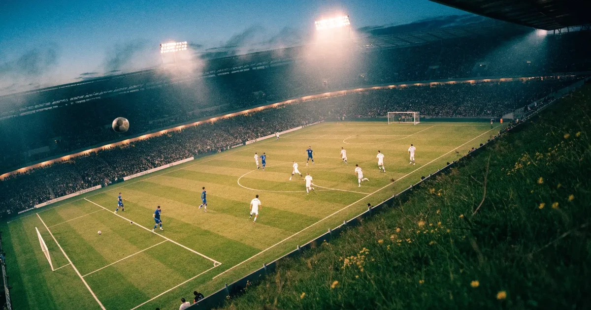 Ein Fußballstadion unter Flutlicht mit hellen Rängen, von einem Hügel aus gesehen, darüber ein dunkelblauer Abendhimmel.