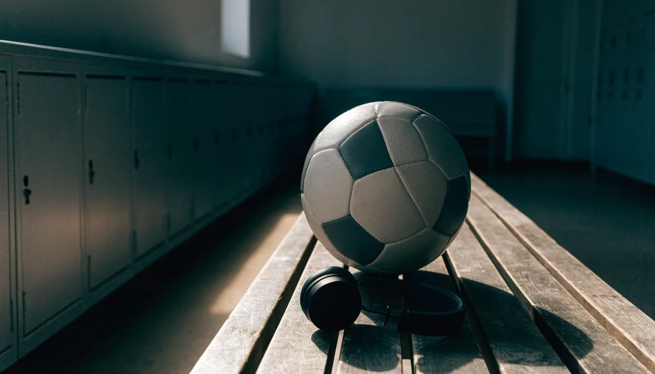 Ein Fußball liegt neben Kopfhörern auf einer Holzbank in einer Umkleide, Licht fällt durch ein schmales Fenster.