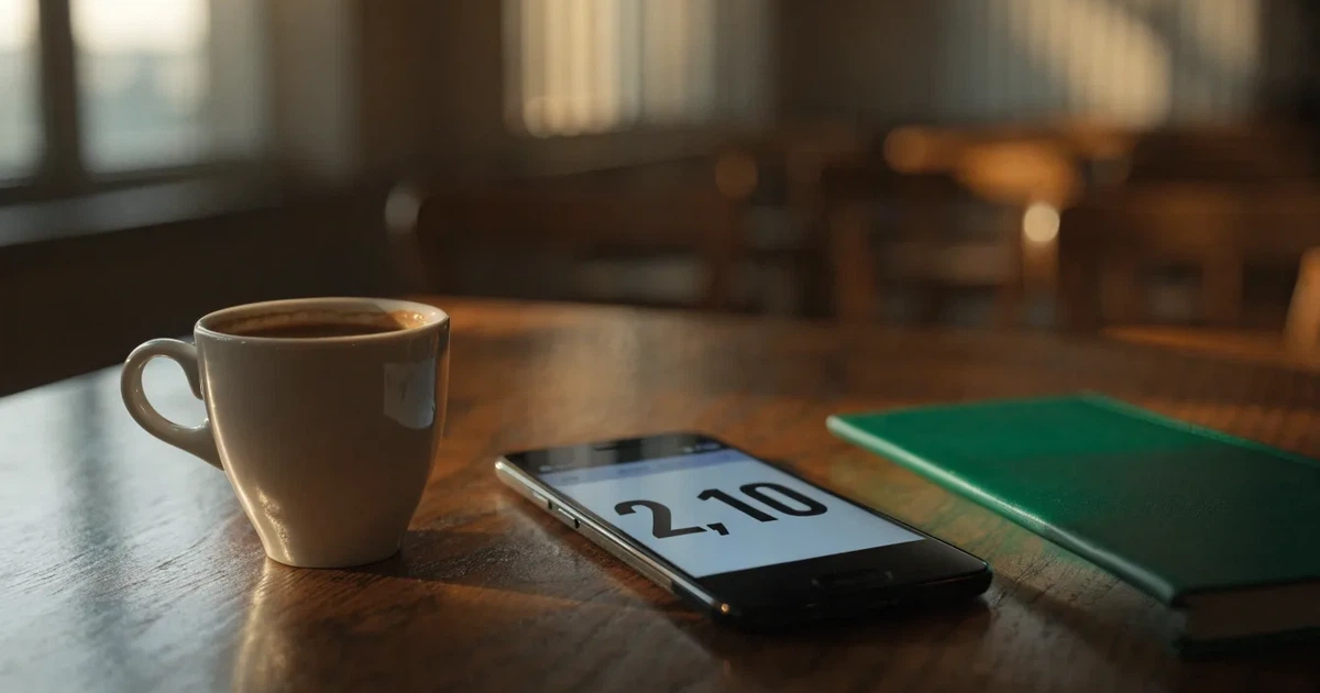 Ein Smartphone mit dunklem Bildschirm liegt auf einem Tisch in einem Café, daneben eine Tasse und ein Notizbuch.