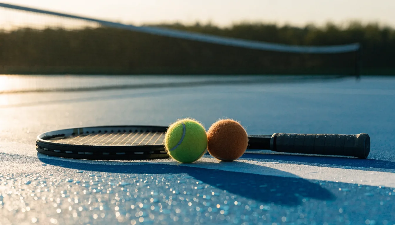 Zwei Tennisbälle und ein Schläger liegen auf der Grundlinie eines Hartplatzes, kleine Wassertropfen glänzen auf dem Belag.