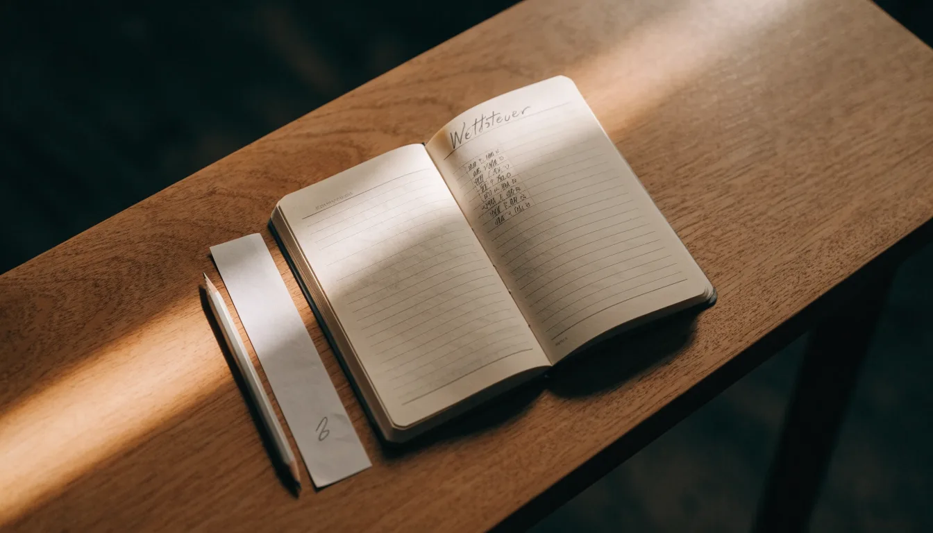 Ein handschriftlich geführtes Heft mit Strichlisten liegt neben einem Bleistift auf einem Tisch, seitlich fällt Tageslicht herein.