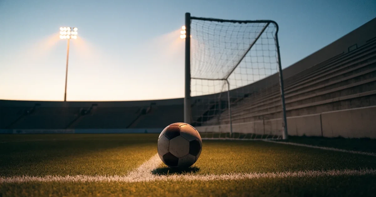 Ein Fußball liegt im Strafraum direkt vor dem Tor mit Netz, im Hintergrund leere Ränge bei Dämmerung.