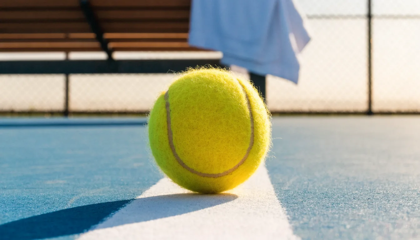 Ein gelber Tennisball liegt auf einer weißen Linie, daneben ein Handtuch auf einer Bank am Spielfeldrand.