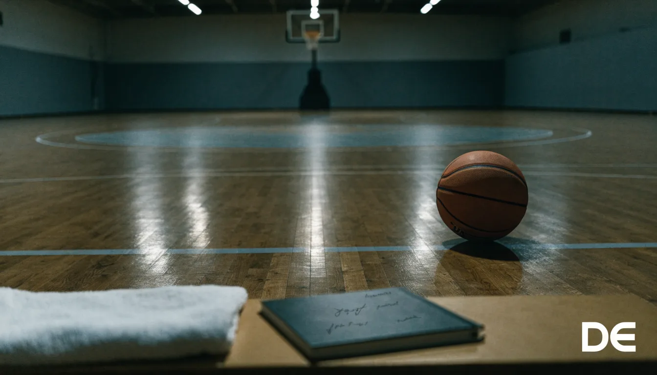 Ein Basketball liegt auf der Freiwurflinie einer Halle, im Vordergrund ein Handtuch auf einer Bank.