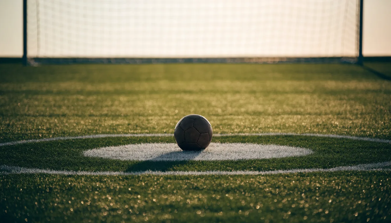 Ein Fußball liegt auf dem Anstoßpunkt eines Rasens bei Sonnenaufgang, Tau glitzert auf den Halmen.