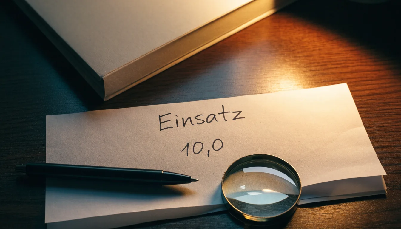 Ein Schreibtisch mit Kugelschreiber, Lupe und einem geschlossenen Ordner ohne Beschriftung in warmem Lampenlicht.
