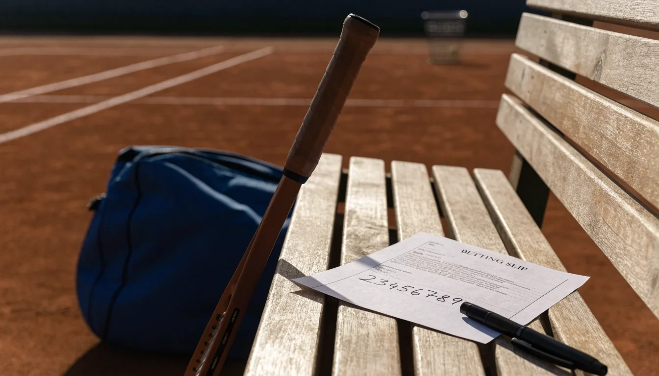 Ein Tennisschläger lehnt an einer Bank neben einer Sporttasche, im Hintergrund ein leerer Platz.