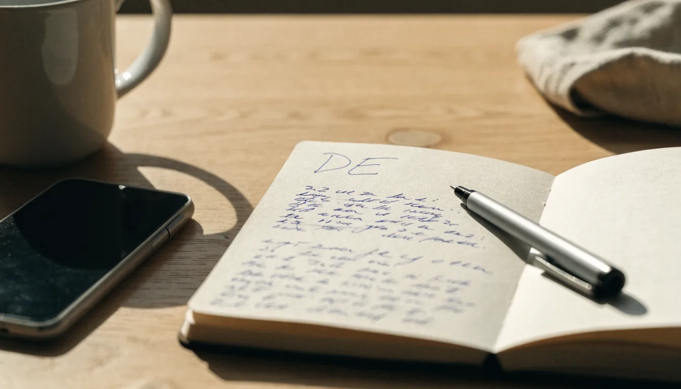Ein Notizbuch mit handschriftlichen Notizen und ein Kugelschreiber liegen neben einem Smartphone mit dunklem Display auf einem Holztisch.