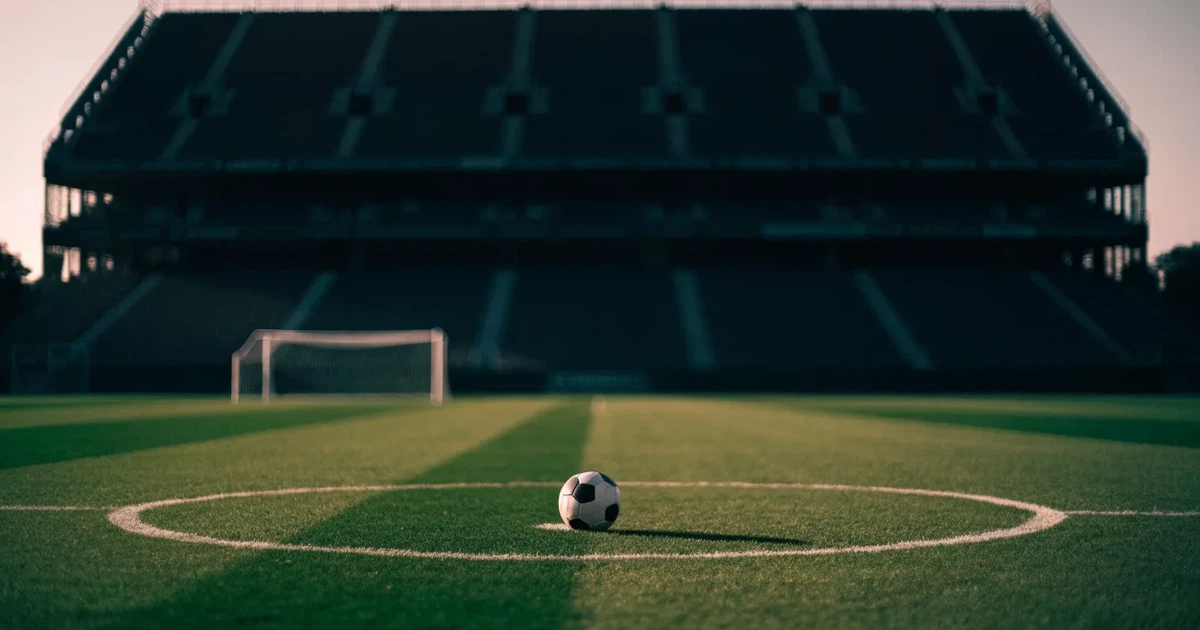 Ein Fußball liegt auf dem Anstoßpunkt eines leeren Rasenplatzes, im Hintergrund eine große Stadiontribüne im Abendlicht.