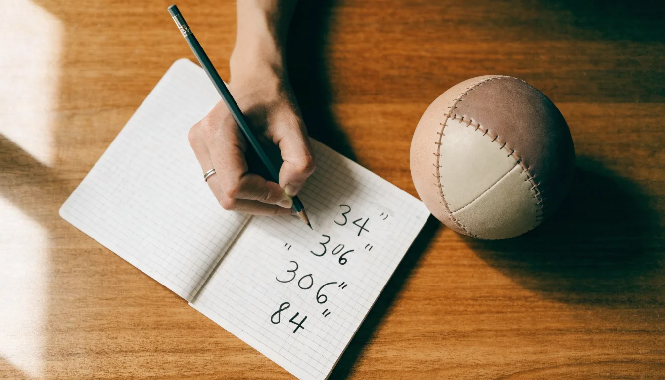 Eine Hand notiert mit Bleistift Zahlen in ein kariertes Heft, daneben liegt ein kleiner Lederfußball auf einer Holzplatte.