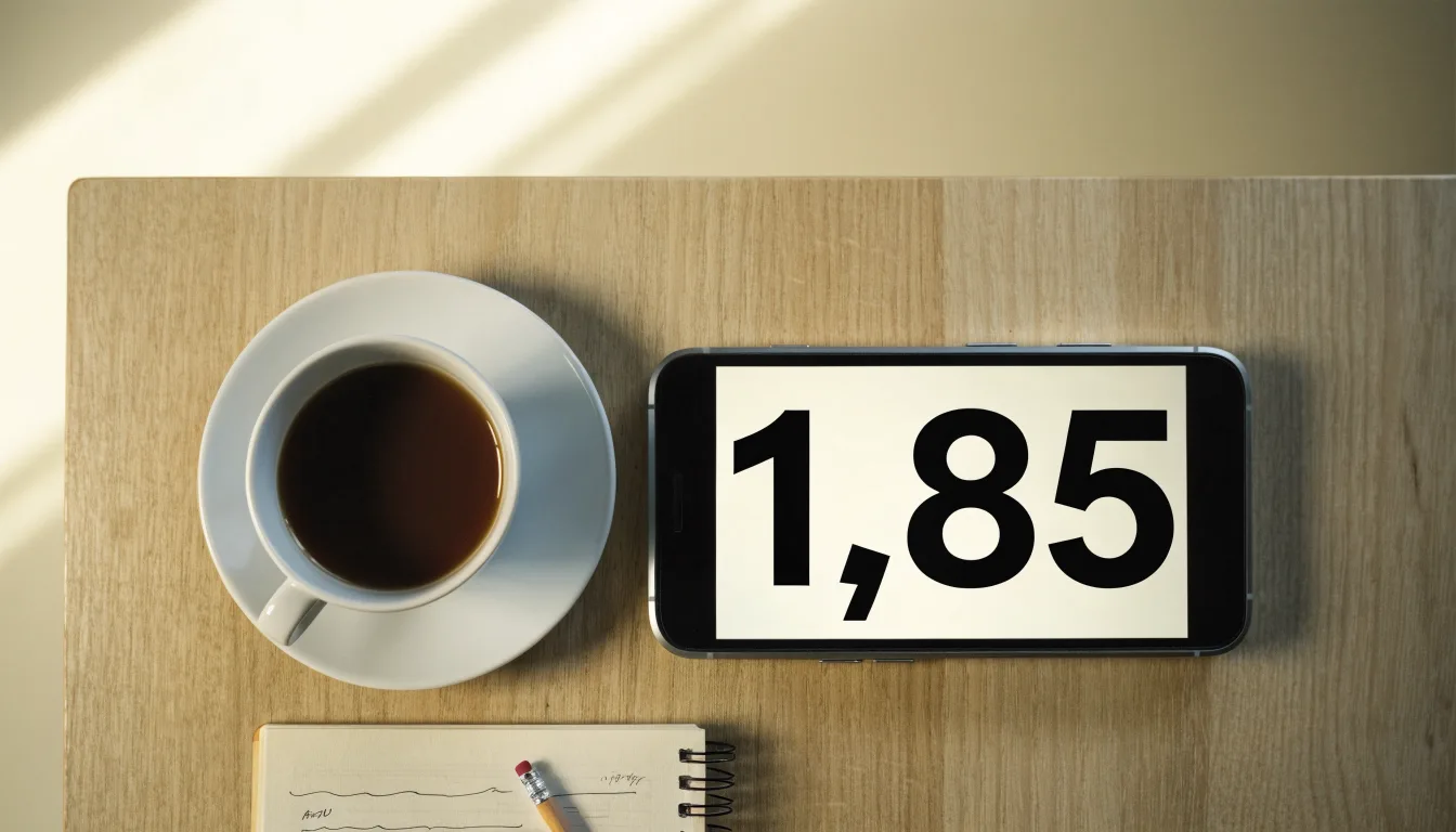 Ein Smartphone mit dunklem Display liegt neben einer Kaffeetasse und einem Notizblock auf einem hellen Tisch.
