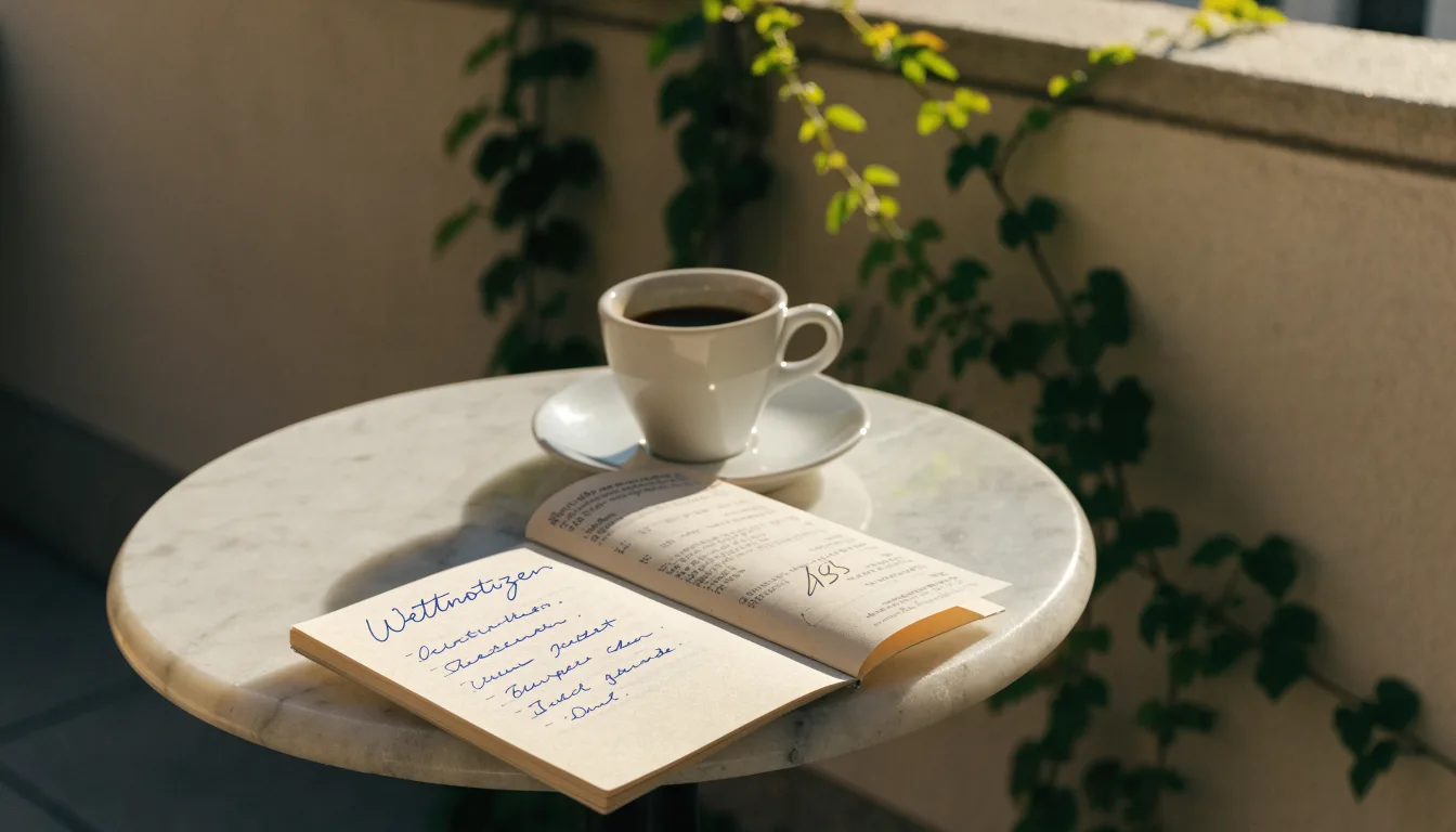 Eine Espressotasse steht auf einem kleinen Marmortisch einer Terrasse, daneben ein Notizheft mit handschriftlichen Skizzen.