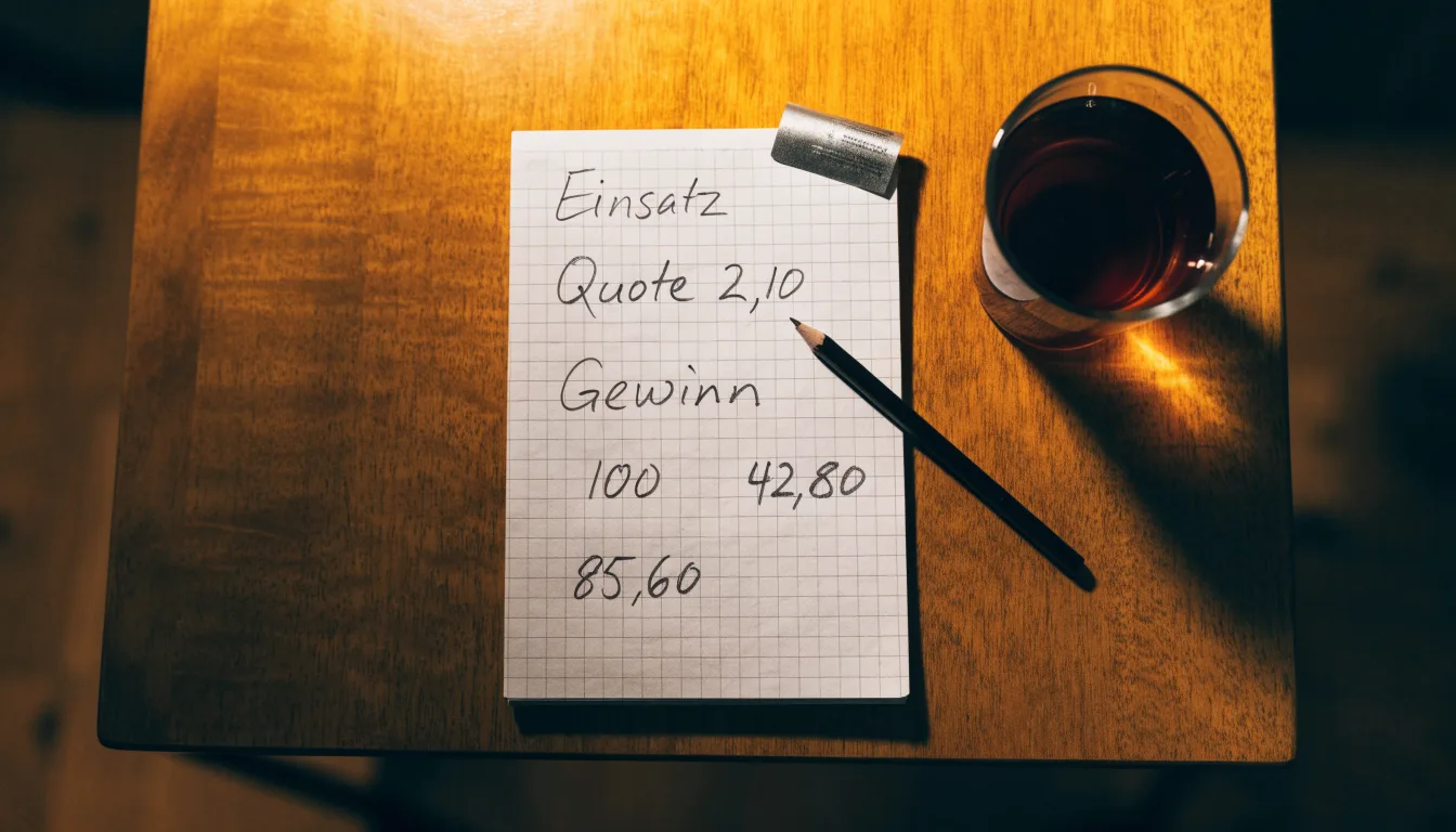 Ein Taschenrechner und ein Bleistift liegen auf einem karierten Notizblock neben einem Glas Tee auf einem Holztisch.