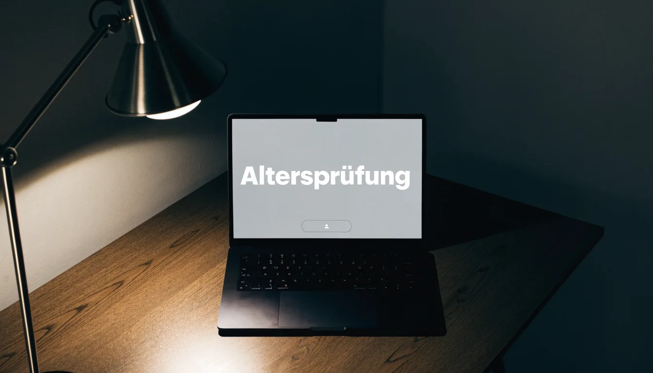 Ein Schreibtisch mit Stehlampe, einem geschlossenen Laptop und einem hölzernen Richterhammer im Halbdunkel.