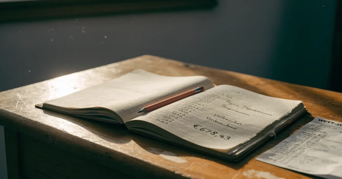 Ein aufgeschlagenes Notizbuch mit handschriftlichen Zahlenreihen und ein Bleistift liegen neben einem Taschenrechner auf einem Schreibtisch.