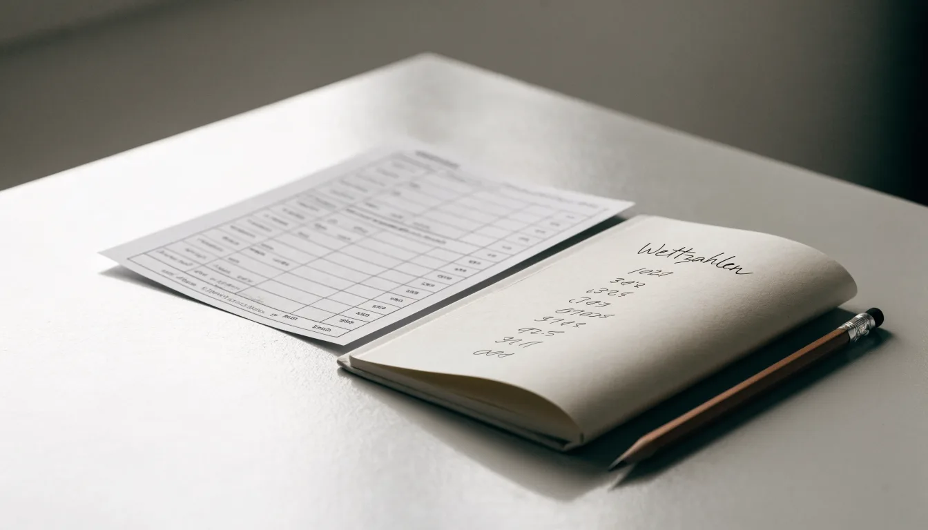 Ein Taschenrechner, ein Bleistift und ein Block mit handschriftlichen Zahlenreihen liegen auf einer grauen Arbeitsfläche.