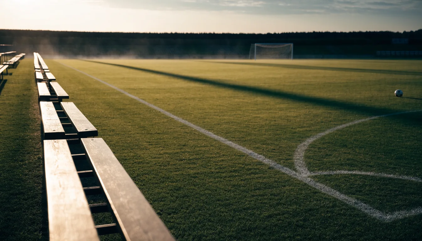 Ein Fußballplatz mit frisch gezogenen Kreidelinien im ersten Morgenlicht, leere Ersatzbänke am Spielfeldrand.