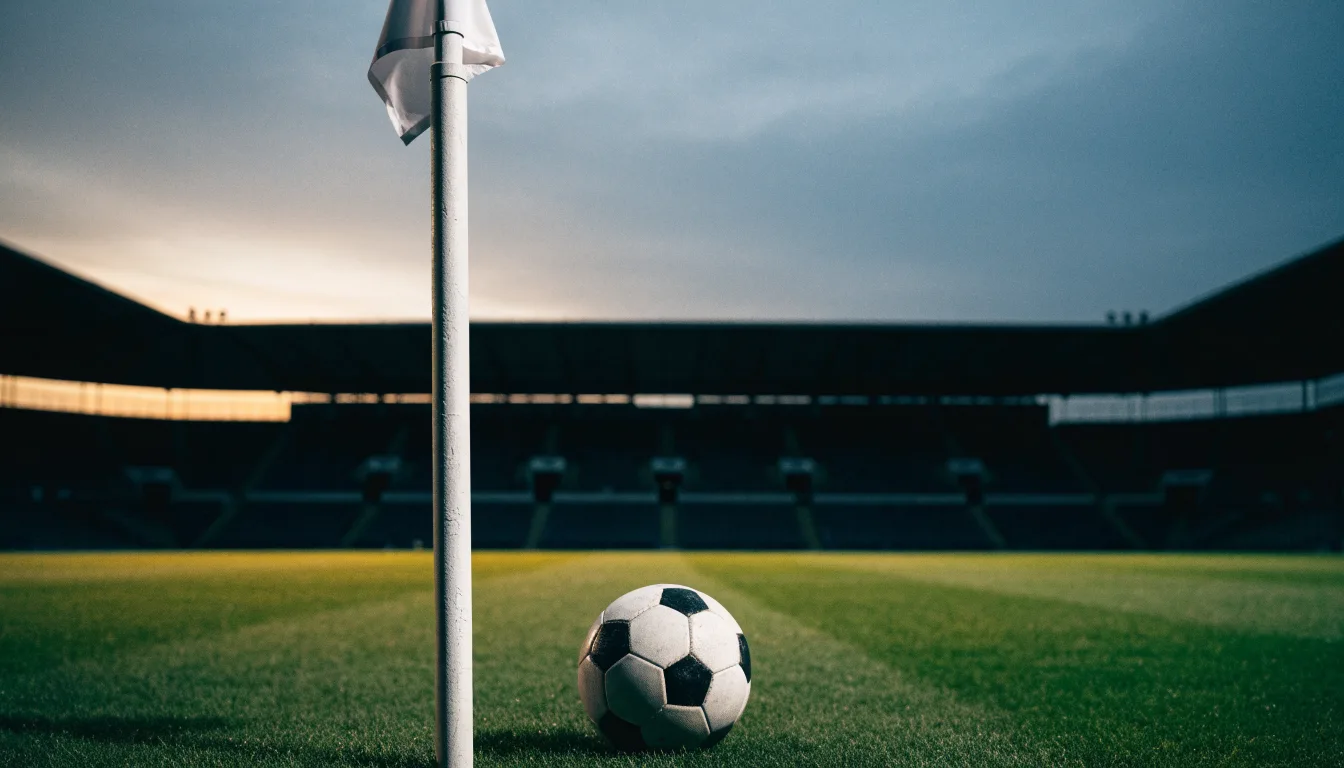 Ein Fußball liegt neben einem Eckfahnen-Pfosten auf einem Rasenplatz, im Hintergrund ein leeres Stadion in der Dämmerung.