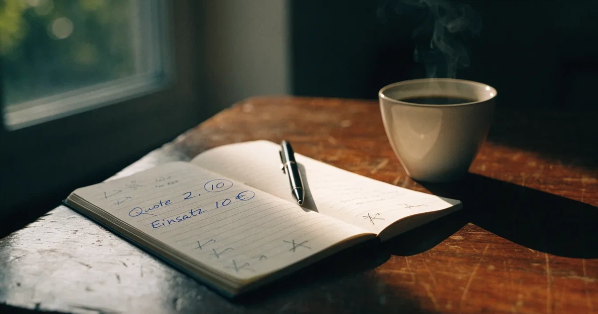 Ein aufgeklapptes Notizbuch mit handschriftlichen Pfeilen und Kreuzen liegt neben einem Kugelschreiber und einem Becher Kaffee auf einem Tisch am Fenster.