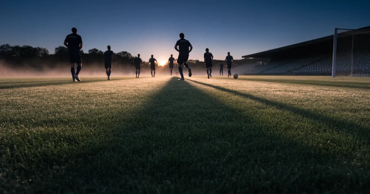 Ein Fußballplatz mit gepflegtem Rasen und einem Tor, über dem Spielfeld liegt Morgennebel, im Hintergrund eine leere Tribüne.