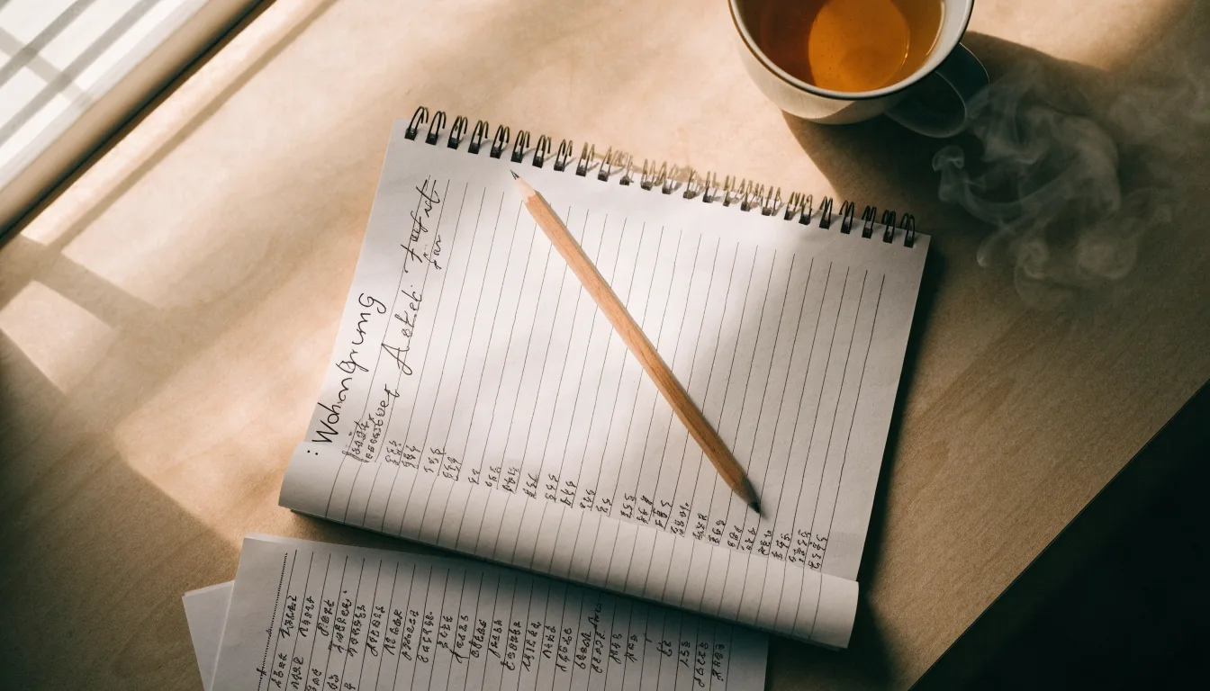 Ein Schreibtisch mit Taschenrechner, Bleistift und einem Block voller handschriftlicher Rechnungen, daneben eine Tasse Tee.