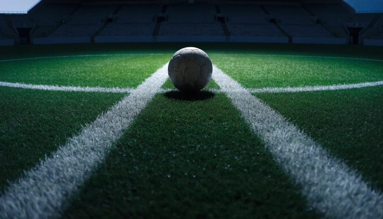 Ein Fußball liegt auf dem Rasen im Mittelkreis, die Kreidelinien führen scharf ins Bild, dahinter verschwimmt eine Tribüne.