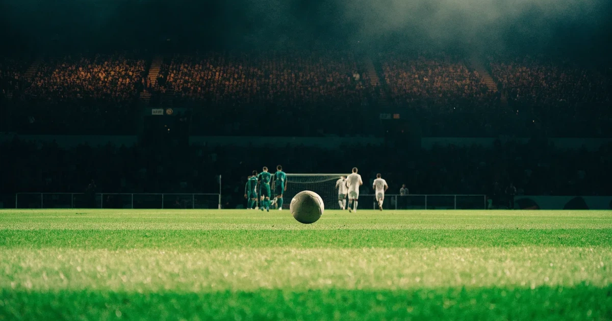 Ein großes Stadion bei Nacht, aus der Ferne unter Flutlicht gesehen, die Ränge hell erleuchtet, der Rasen leuchtend grün.
