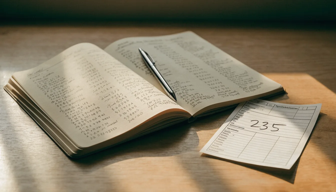 Ein aufgeschlagenes Notizbuch mit handschriftlichen Skizzen von Spielzügen liegt neben einem Kugelschreiber auf einem Holztisch.