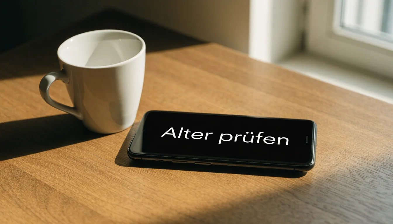 Ein Smartphone mit dunklem Display liegt neben einer Kaffeetasse auf einem Holztisch im Licht eines Fensters.
