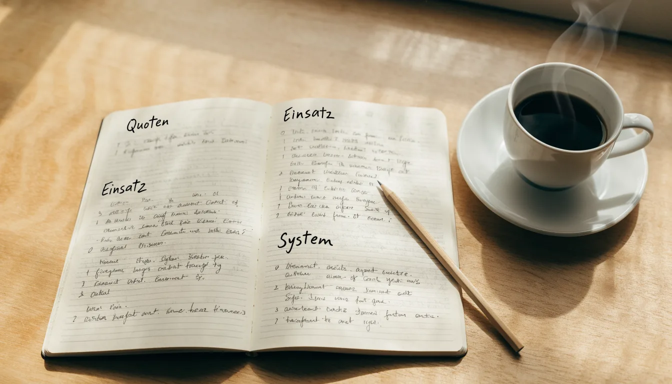 Ein aufgeschlagenes Notizbuch mit handgeschriebenen Stichpunkten und ein Bleistift liegen neben einer Kaffeetasse auf einem hellen Holztisch.