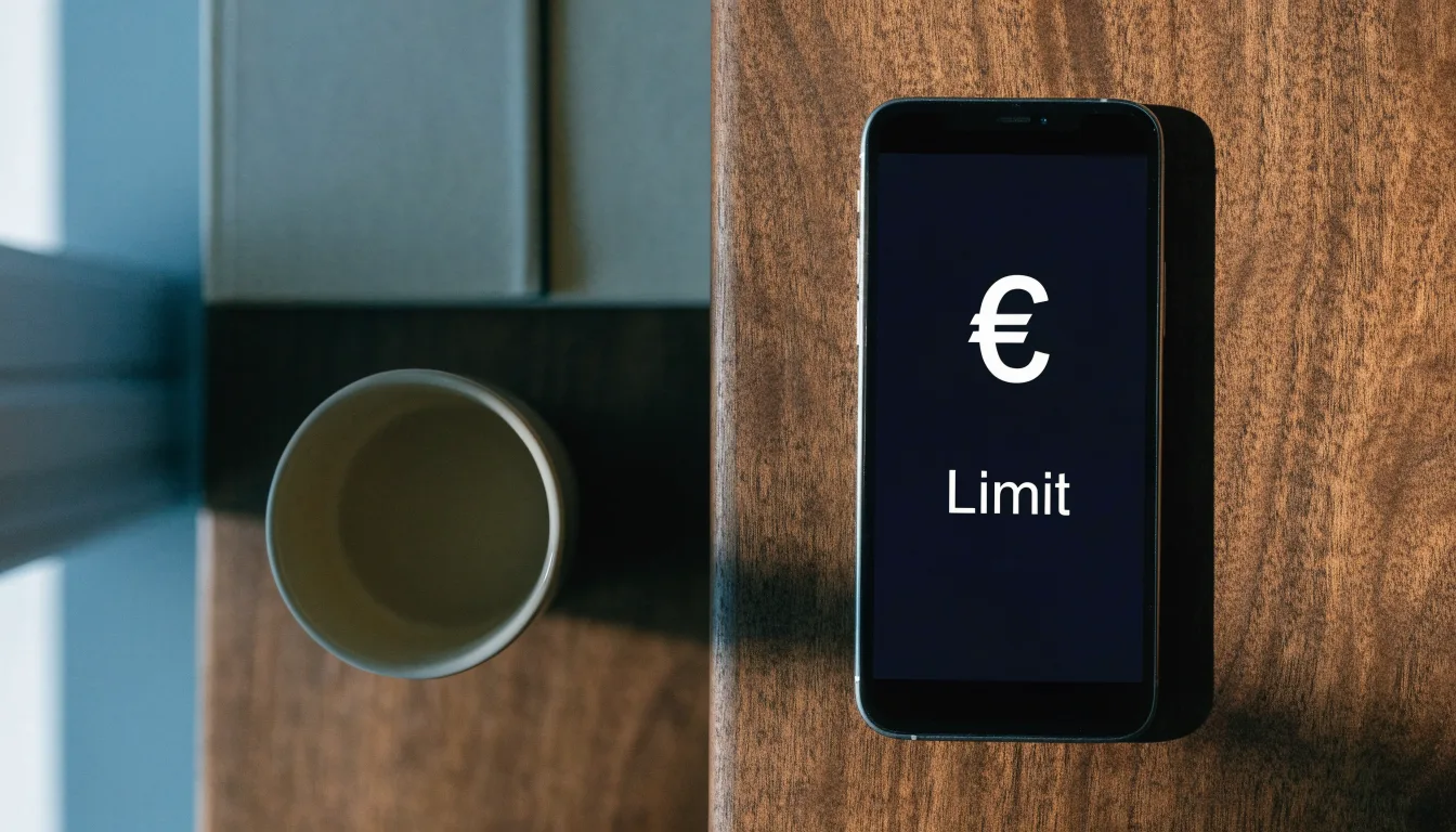 Ein Smartphone liegt mit dunklem Display auf einem Schreibtisch neben einem Notizbuch und einer Kaffeetasse.