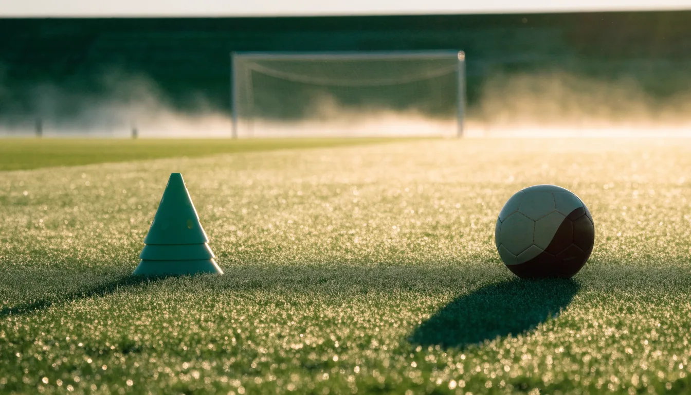 Ein Fußball liegt auf einem Rasenplatz bei Sonnenaufgang, daneben ein kleiner Stapel Trainingshütchen.