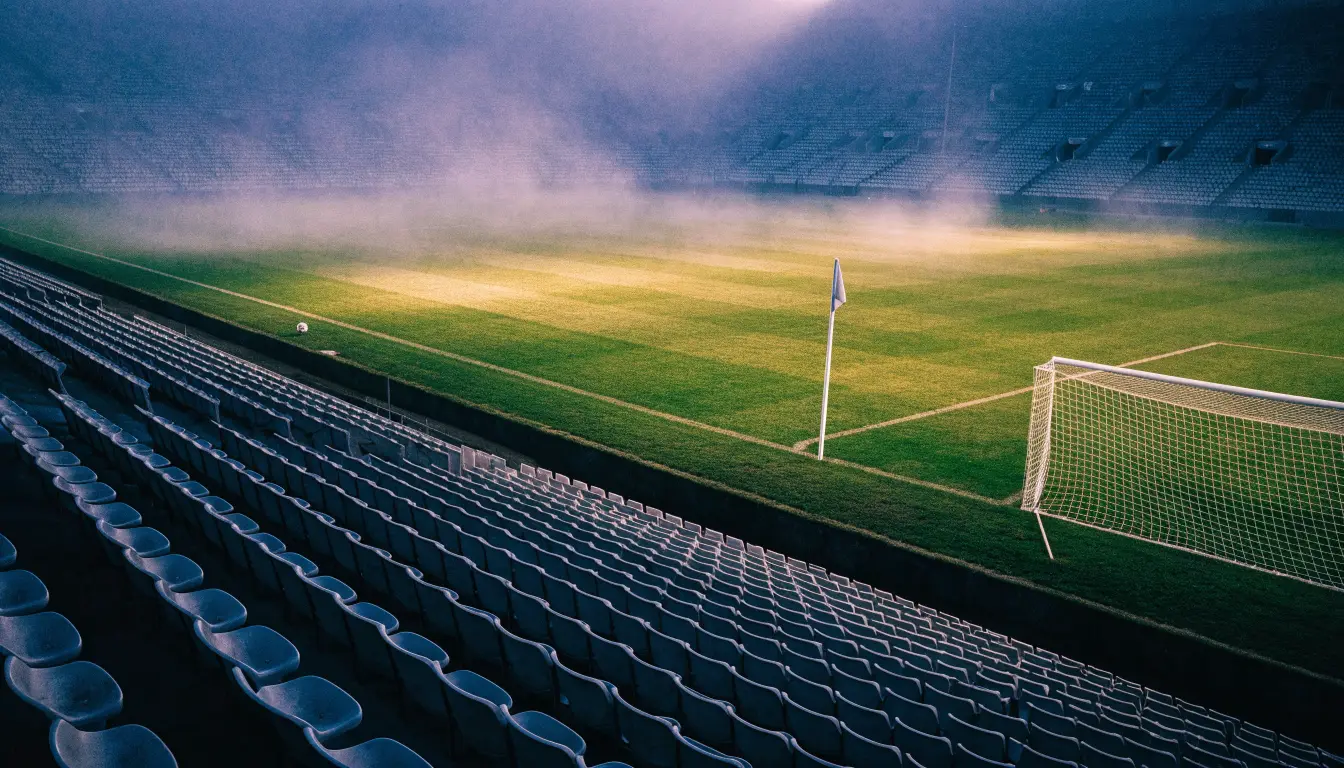 Eine leere Stadiontribüne unter Flutlicht aus der Ferne betrachtet, die Rasenfläche leuchtet grün in der Dämmerung.