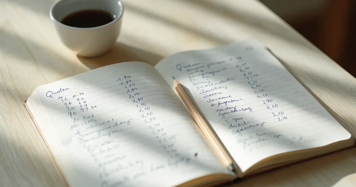 Handschriftliche Zahlenkolonnen in einem Notizbuch, daneben ein Bleistift und eine Tasse Kaffee auf hellem Holz.