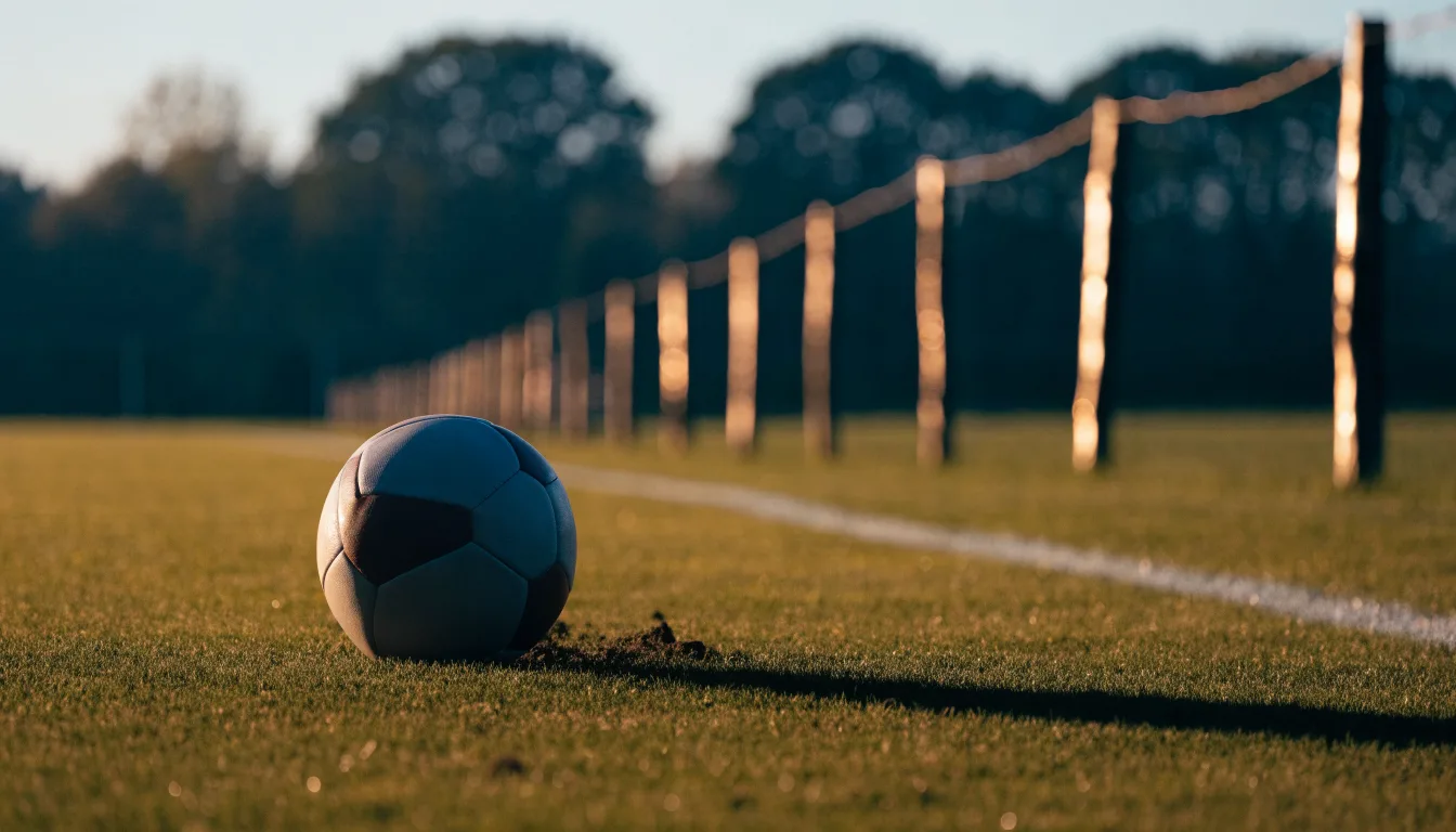 Ein Fußball liegt am Rand eines Rasens neben einer weißen Linie, im Hintergrund ein Zaun in der Abendsonne.