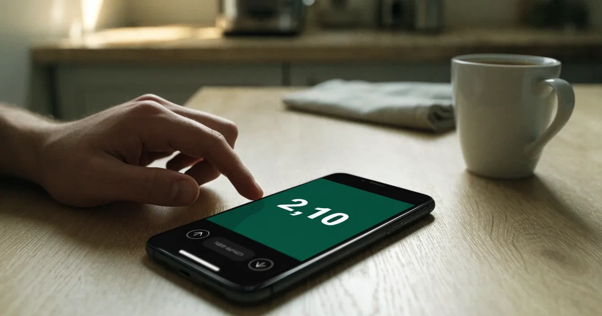 Ein Daumen schwebt über einem Smartphone mit dunklem Display, das auf einem Küchentisch neben einer Tasse liegt.