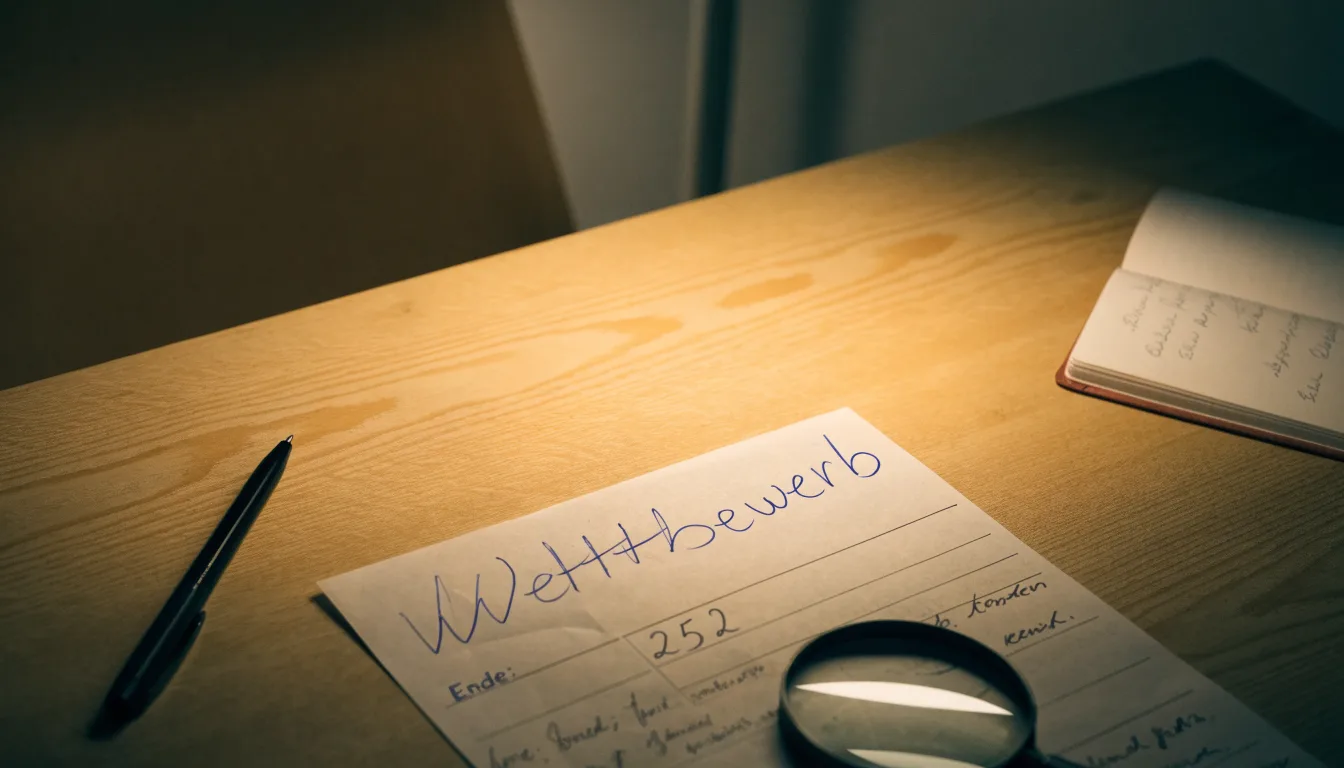 Ein Schreibtisch mit Lupe, Kugelschreiber und einem leeren Notizblock unter einer Lampe in einem ruhigen Raum.