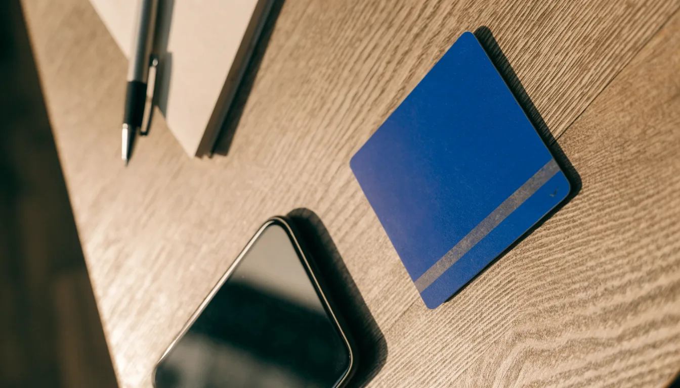 Eine Bankkarte ohne Aufdruck liegt neben einem Smartphone mit dunklem Display auf einem Holztisch.