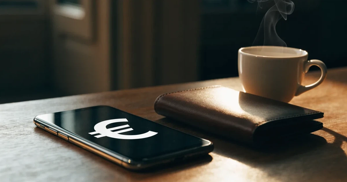 Ein Smartphone mit dunklem Display liegt auf einem Tisch neben einer Geldbörse und einer Tasse Kaffee.